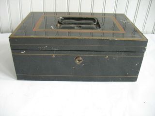 Antique Vtg Bank Enamel Metal Box Vtg Black Tin Cash Deed Strong Tole Painted 2