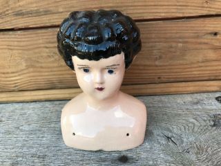 Vintage Ceramic Doll Head,  Curly Top China Doll Head