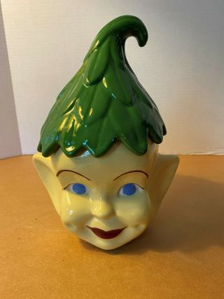 Rare Vintage Yellow Pixie Elf Head Cookie Jar With Green Lid
