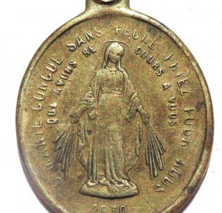 Saint Joseph & The Miraculous Virgin - Antique Old Bronze Medal Pendant