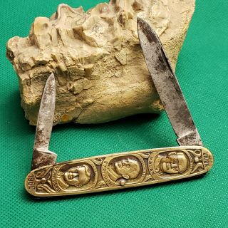 Rare Vintage Henry Boker Germany Embossed Figural Brass Folding Pocket Knife Exc