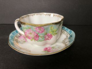 Antique Victorian Cup And Saucer Unmarked Hand Painted Roses Gold Trim