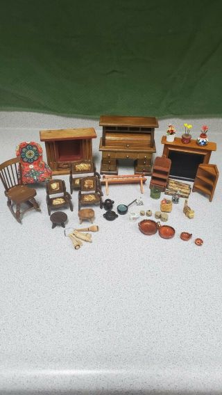 Vintage Wood Doll House Furniture - Roll Top Desk,  Fireplaces And More