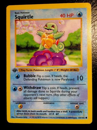 Squirtle Pokemon Card 1st Edition Base Set Shadowless Nm