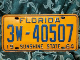 Antique Vintage Yellow License Plate For Automobile Car From 1964 Florida