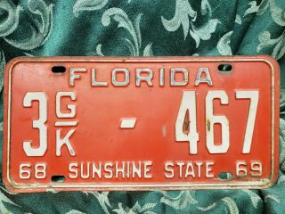 Antique Vintage Red License Plate For Automobile Car From 1968 1969 Florida