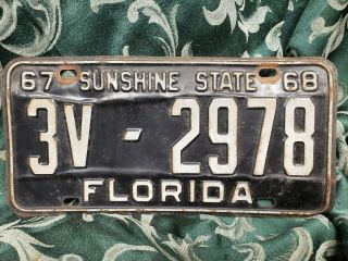 Antique Vintage Black License Plate For Automobile Car From 1968 Florida