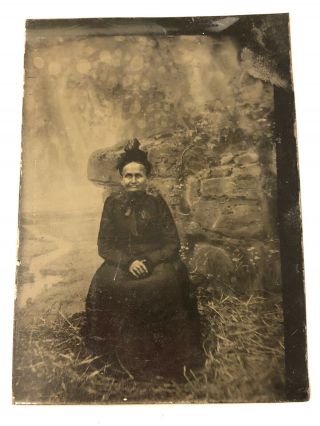 Antique Tintype Photo Civil War Era Lady In Black Period Dress