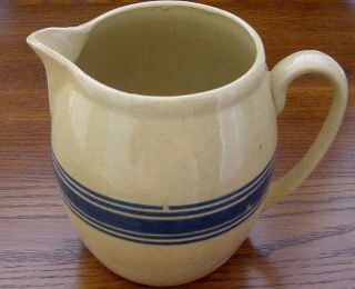 Antique Yellow Ware Pitcher With Cobalt Blue Bands / Rings