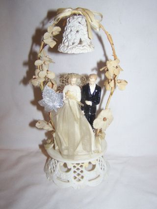 Vintage Bride And Groom Cake Topper With Flowers Stand Arch & Bell
