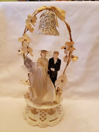 Vintage Bride And Groom Cake Topper With Flowers Stand Arch & Bell 2
