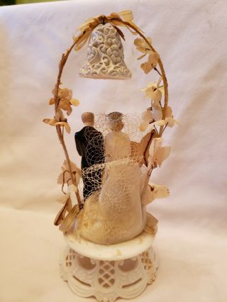 Vintage Bride And Groom Cake Topper With Flowers Stand Arch & Bell 3