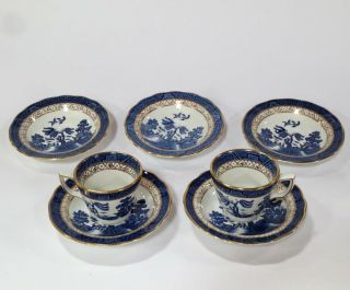 Booths Real Old Willow Blue Porcelain China - 2 Demitasse Cups W/ 5 Saucers
