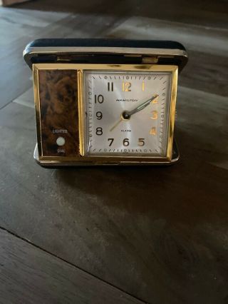 Antique Folding Leather Cased Desk Travel Clock Hamilton