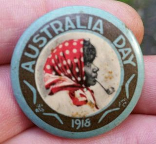 1918 Ww1 Australia Day Pin Back Badge - Aboriginal Woman - Red Scarf - Patriotic - Rare