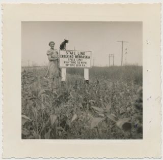 Woman Dog Standing In Cornfield @ Nebraska State Line Sign 40 