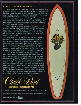 1969 Chuck Dent Surfboards Ad / Great Art / Surf Fever / Huntington Pier