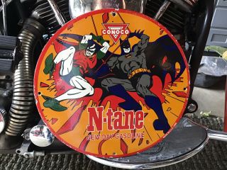 Rare Vintage Porcelain 1966 Conoco N - Tane Batman & Robin Gas Sign Dc Marvel