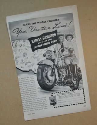 Antique Vintage 1949 Harley Davidson Motorcycle El Fl Panhead Brochure Ad