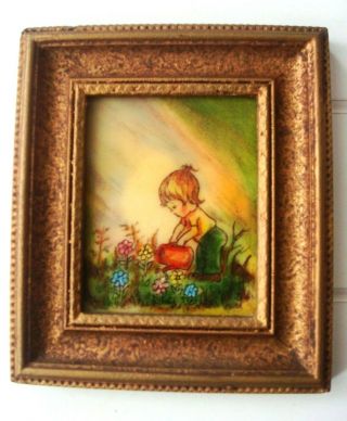 Vintage ARTINI ENAMEL Hand Painted Child Watering Flowers Rainbow Framed Mauer 2