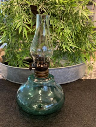 Antique Miniature Twinkle Stars Aqua Glass Kerosene Oil Lamp Acorn P & A Burner