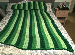 Vintage Crocheted Afghan Hand - Knit Throw Blanket 80 X 55 Shades Of Green 60 - 70 