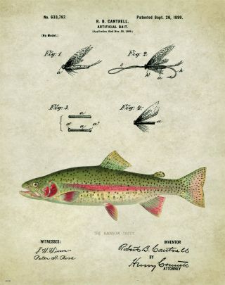 Vintage Fishing Lures Patent Art Print Rainbow Trout Fly Flies Cabin Wall Decor