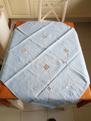 Pretty Vintage Blue Table Square With White Embroidery And Cut Work
