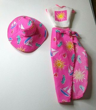 Barbie Hot Pink Sarong Skirt Sun Top,  Matching Hat Beach Sail Boats