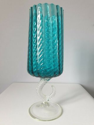 Rare Vintage Empoli Turquoise Glass Vase Optic Pattern Curl Handle 32.  5 Cm H