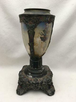 Ornate Antique 12.  5 " Lamp Base Reverse Painting On Glass Panels Lion Heads Feet