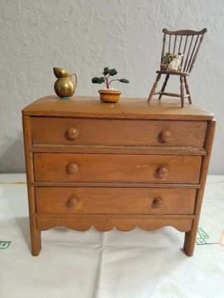 Antique Wooden 3 Drawer Doll Dresser,  Top Opens 4 Storage,  7 " Tall 8 " Length