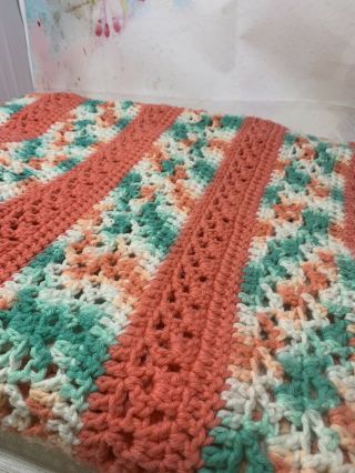 Vintage Crochet Blanket Afghan Throw Orange White Sea Green Handmade 78x52 (lc)