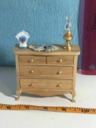 Vintage Doll House Miniature Wood Dresser With Vase And Vanity Set