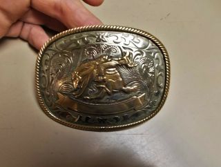 Antique German Silver Bucking Bronco Horse & Cowboy Belt Buckle