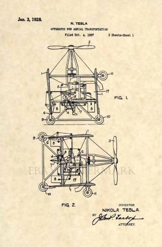 Official Nikola Tesla Us Patent Art Print - Vintage Helicopter Flight 231