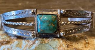 Rare Early 1900’s Handwrought Split Band Coin Silver Gem Turquoise Cuff Bracelet