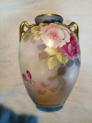 Antique Nippon Hand Painted Handled 6 " Vase Pink Purple Flowers.