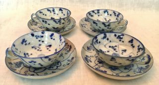 4 Pc.  Set Antique Chinese Porcelain Cups & Saucers Blue & White Import Porcelain