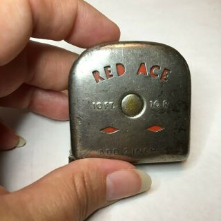 Rare Vintage / Antique Red Ace 12 Foot Retractable Metal Cased Tape Measure
