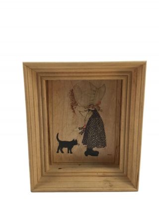 6 X 7” Vintage Holly Hobbie Picture Wooden Frame 1970s Cat Primitive Folk Art