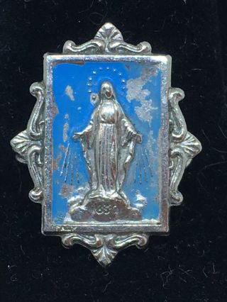 Vintage Antique Christian Catholic Jesus Pin Sterling Silver Blue Aged Patina
