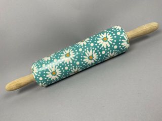 Pioneer Woman Rolling Pin Floral Ceramic Wood Handles Flowers Robin Egg Blue