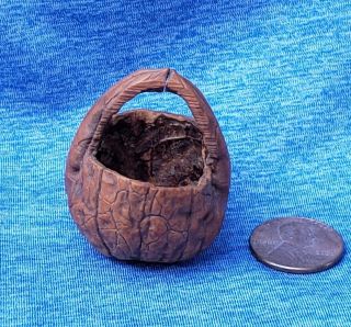 Vintage Miniature Carved Walnut Shell Basket With Handle