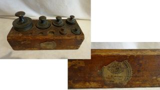 Vtg 1927 Brass Balance Scale Weights 1/10 To 2 Lbs Wood Box Sticker Set Of 6