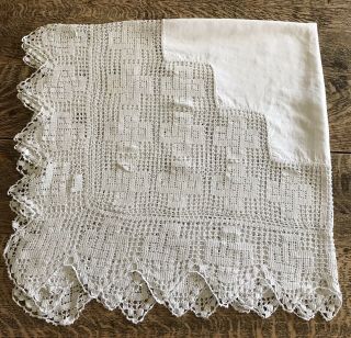 Vintage White Linen Table Cloth Hand Filet Crochet Edge 104 X 100cm