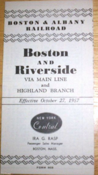 Rare Boston & Albany Rr Riverside Line W/ Highland Branch Form 503 Oct.  27,  1957