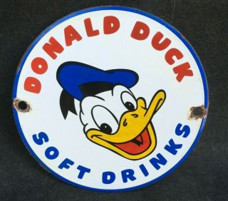 Vintage Donald Duck Soft Drinks Porcelain Sign Rare Old Advertising