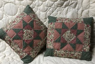 2 Vintage Hand Quilted Star Throw Pillows 12 " X 12 " Good Cond.