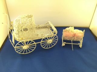 Vintage Metal Wire " Wicker " Doll Pram Carriage Buggy & Cradle With Doll